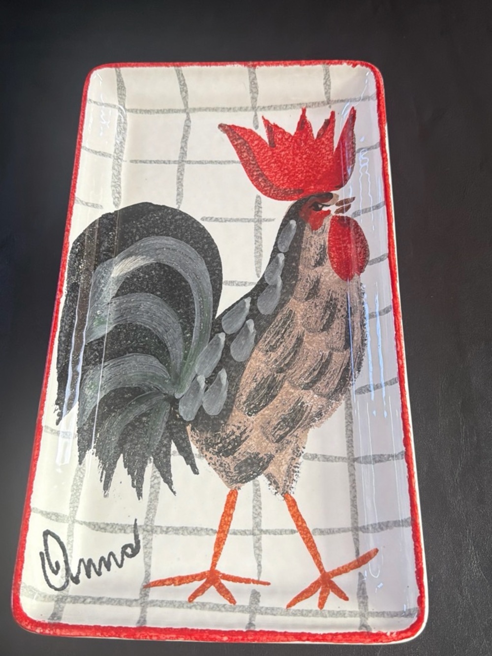 Vintage made in Italy Farmhouse Rooster Ceramic Tray - Red Accent